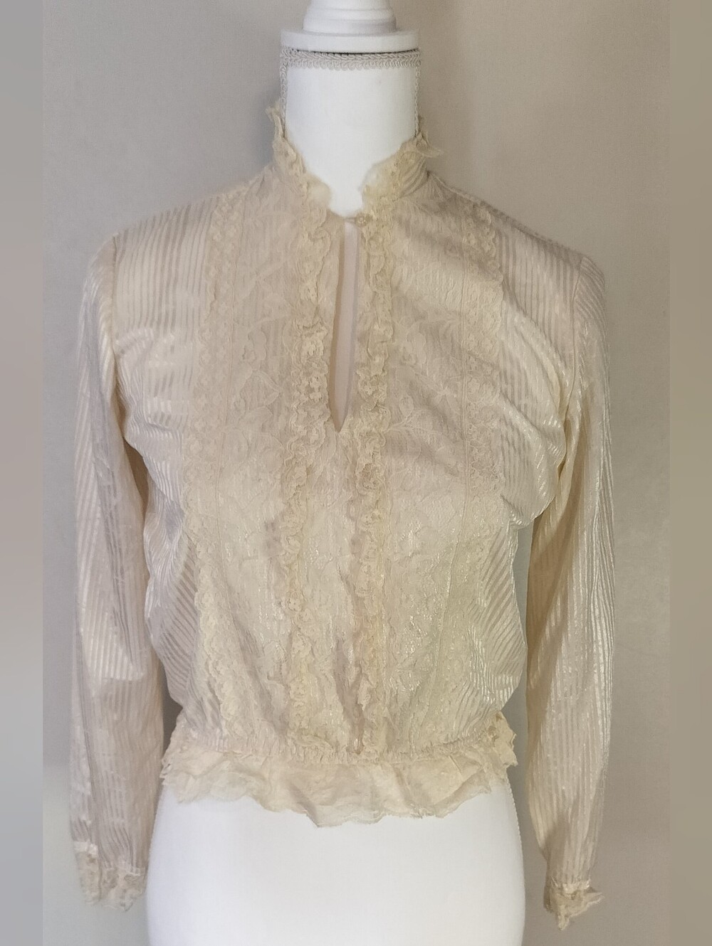 Delicate Cream Lace-Trim Victorian Style Blouse